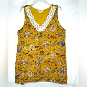 Umgee Mustard Yellow Floral Tunic Top V-neck Lace Detail Lined Boho Festival SzL